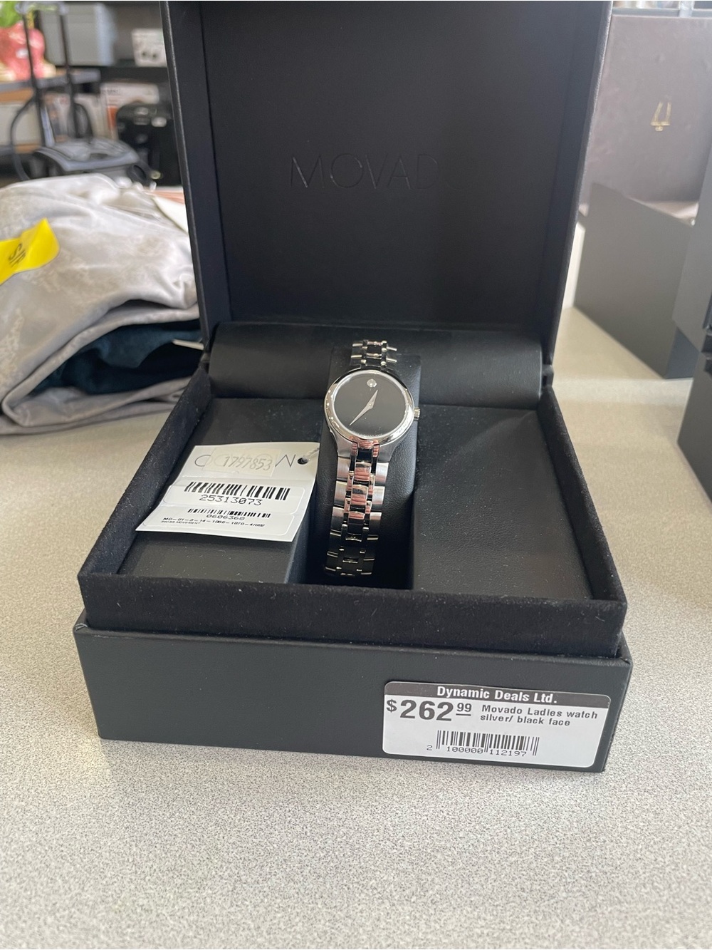 Movado Silver Bracelet Watch with Black Dial and Single Dot -NEW